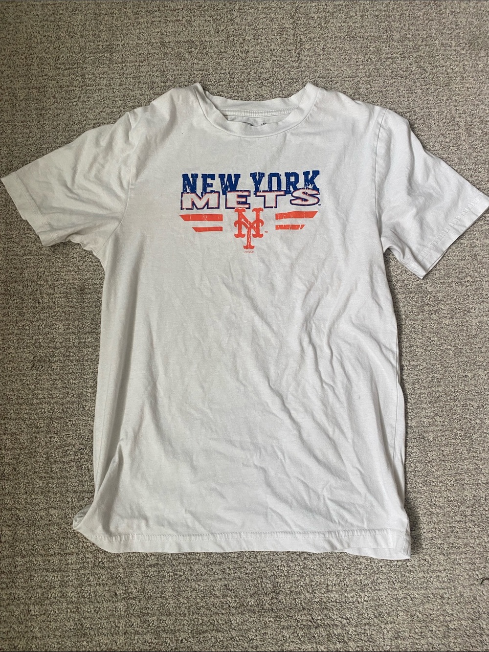 Mens New York Mets Short Sleeve Graphic Tee White Blue & Orange Logo Size Small